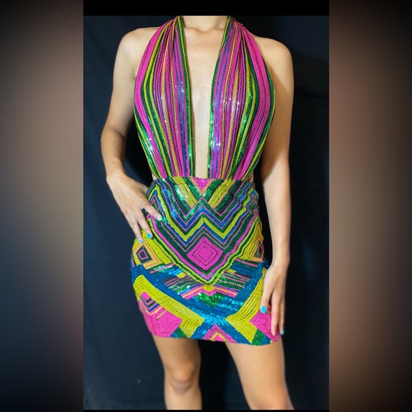 Fashion nova dress, mini multicoloured sequin party cocktail dress - Picture 2 of 16